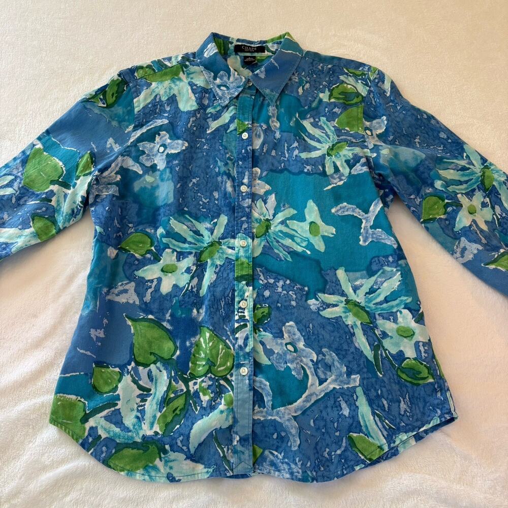 Chaps Blue & Green Floral 3/4 sleeve Button Down Shirt Women’s Large 100% Cotton